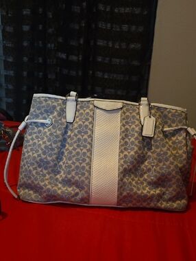 Coach Signature Tote in Light Blue and White Trim
